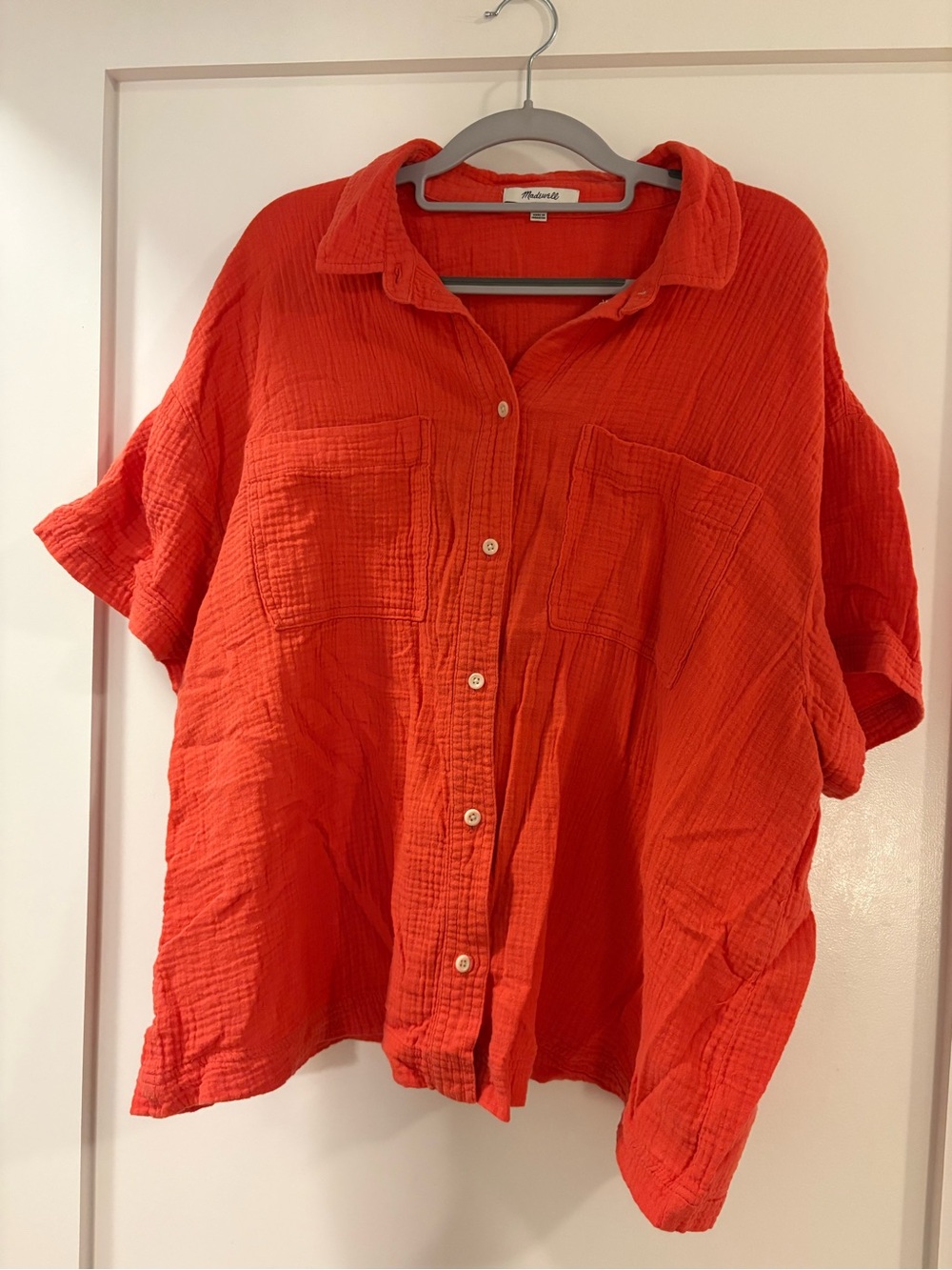 Madewell orange red button down crinkle gauze shirt